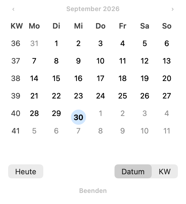Dailumo: Monatsübersicht für September 2026 mit Kalenderwochen und markiertem aktuellen Tag