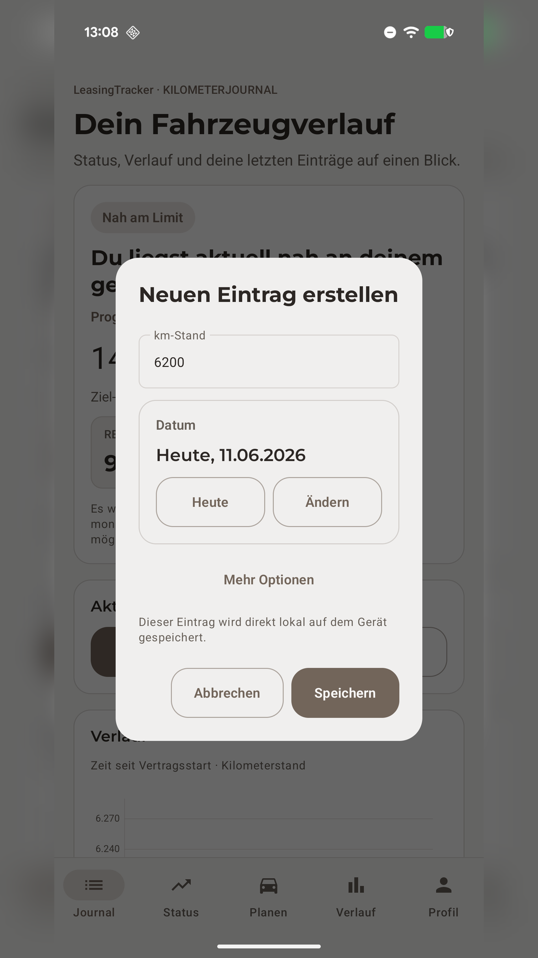 Dialog in LeasingTracker zum schnellen Erfassen eines neuen Kilometerstands