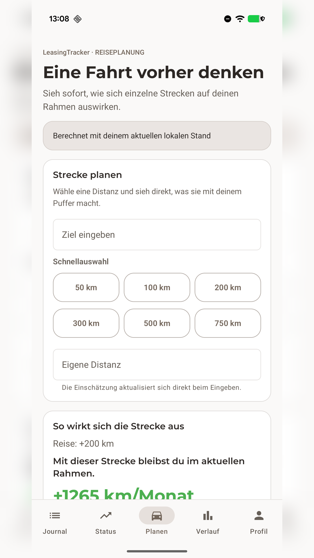 LeasingTracker Planung für eine zusätzliche Fahrt mit Auswirkung auf den Kilometerpuffer