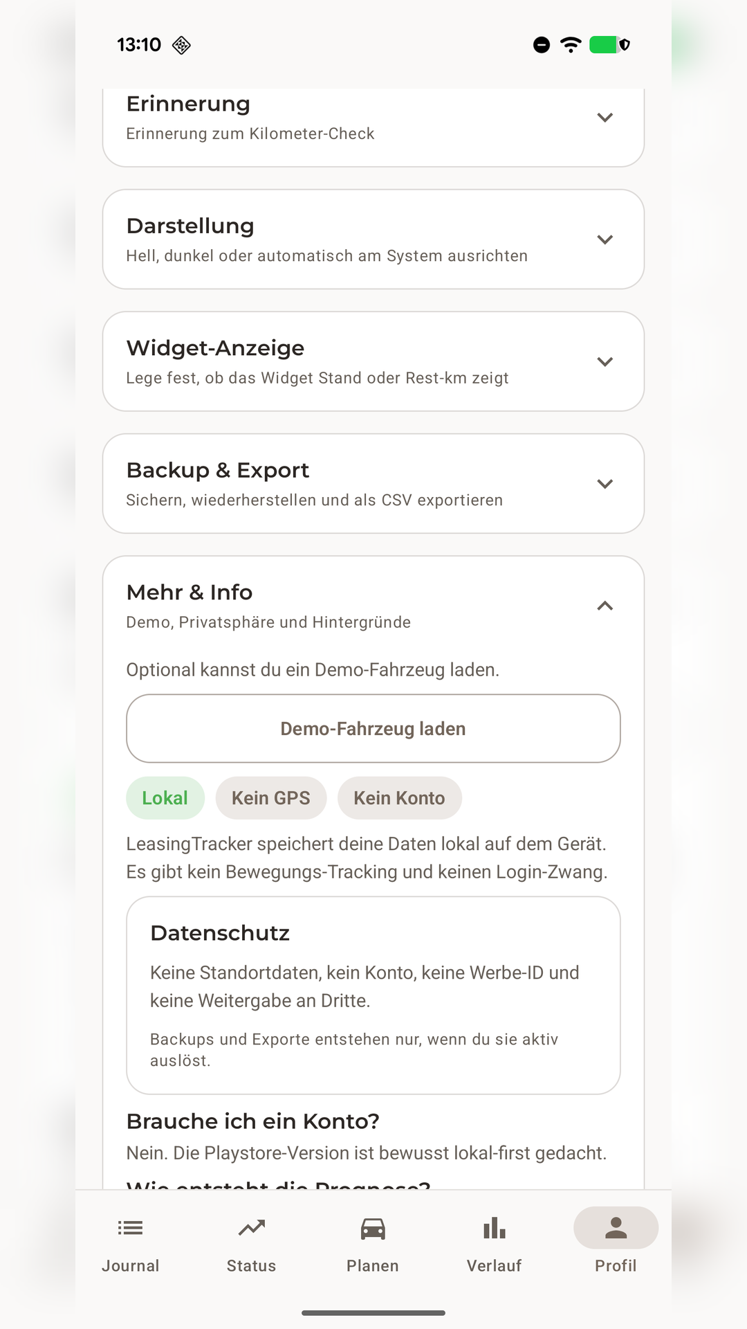 LeasingTracker Profil mit lokalen Daten, Backup, Export und Datenschutzhinweisen