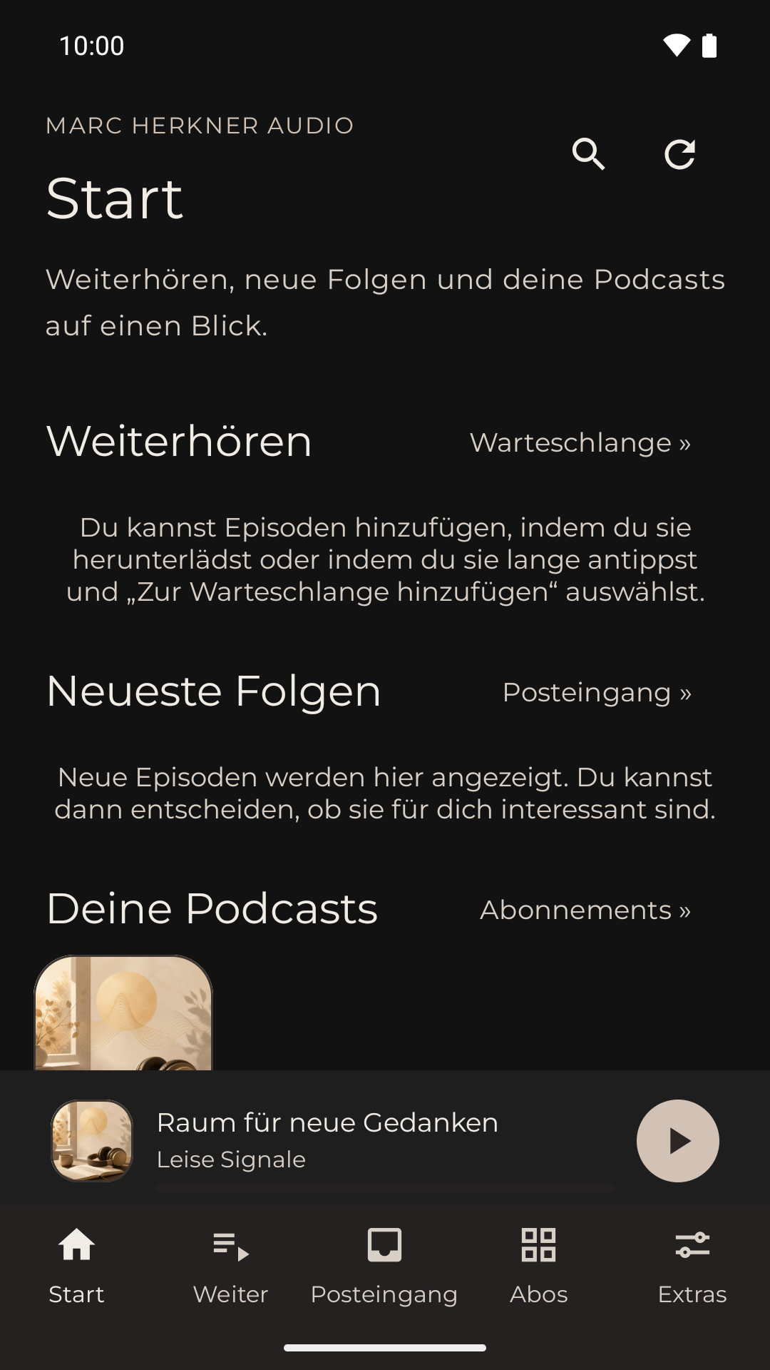 MH Podcasts home screen with continue listening, new episodes and subscriptions