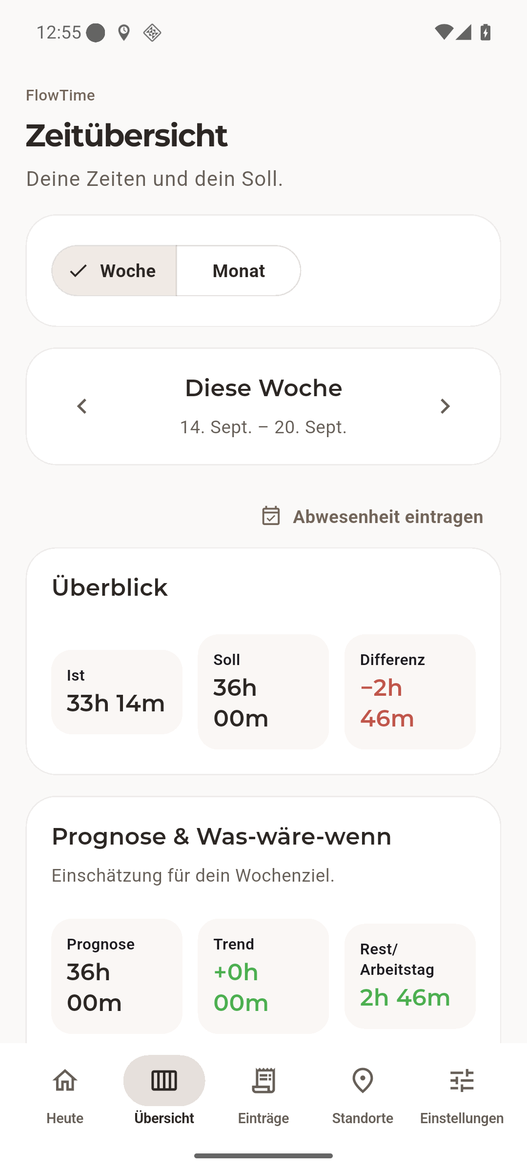 FlowTime Wochenübersicht mit Ist, Soll und Differenz